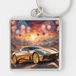 Llavero golden luxury car in a desert landscape