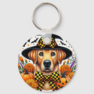 Llavero Golden Retriever con sombrero de bruja junto a cal