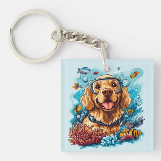 Llavero Golden Retriever Dog Snorkeling Coral Reef (Frente)