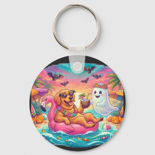 Llavero Golden Retriever Flotando en Flamenco Rosa de Hall