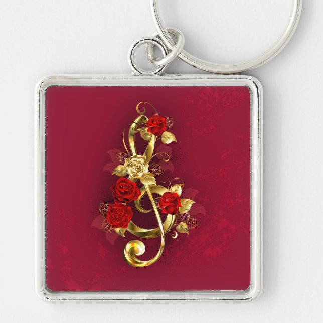Llavero Golden Treble Clef con flores Rosas (Frente)