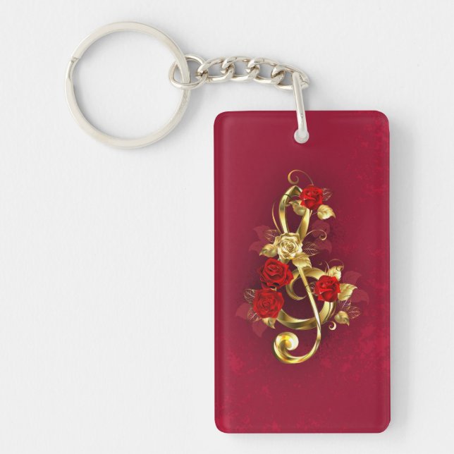 Llavero Golden Treble Clef con flores Rosas (Frente)