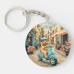 Llavero Goldendoodle Perro Montando Scooter Calles Europea