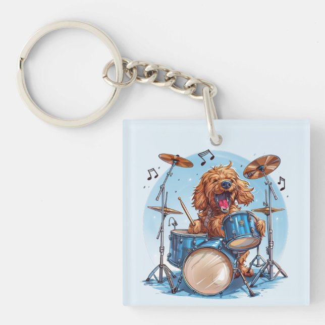 Llavero Goldendoodle tocando la batería (Frente)