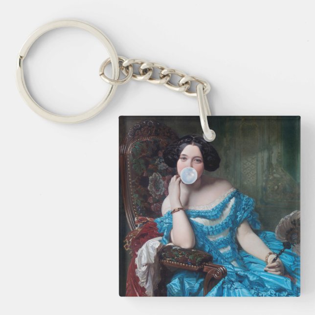 Llavero Goma de burbuja Diva en satén azul (Frente)