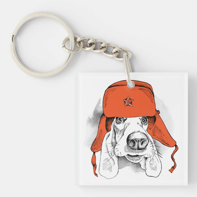 Llavero Gorra rojo de Basset Hound el | Ushanka (Frente)