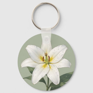 Llavero Gotas de Rocío de Lirio Blanco Elegante Botánico