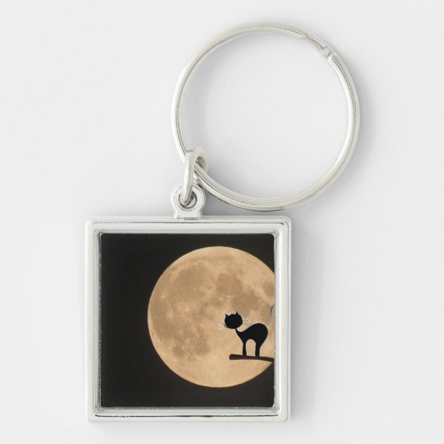 Llavero Gótico gato negro de Halloween con luna llena (Frente)
