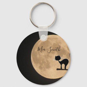 Llavero Gótico negro gato con nombre personal de luna llen