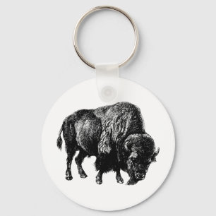 Llavero Grabado de madera de Búfalo Americano Bison Vintag