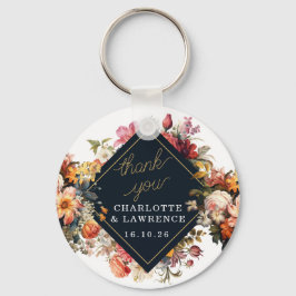 Llavero Gracias Boda diseño de flores naranja vintage