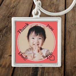 Llavero Gracias papá en rojo y redondo, foto y nombre