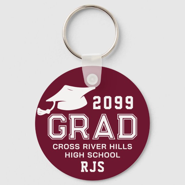 Llavero Graduación Burgundy Maroon GRAD Cap Personalizado (Anverso)