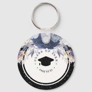 Llavero Graduación floral de Purpurina de oro negro de luj