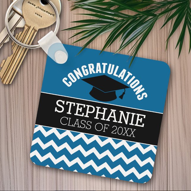 Llavero Graduado de felicitaciones - Graduación azul negro (Personalized graduation keychain)