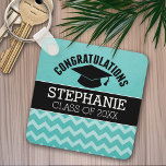 Llavero Graduado de felicitaciones - Graduación de Aqua Bl<br><div class="desc">Una tapa de graduación tradicional con un patrón divertido y un lugar para añadir el nombre del graduado. Añade cualquier año para personalizar este diseño caprichoso. Esto se puede usar para cualquier graduado - escuela secundaria,  universidad,  escuela de posgrado,  escuela de medicina o incluso escuela de comercio.</div>