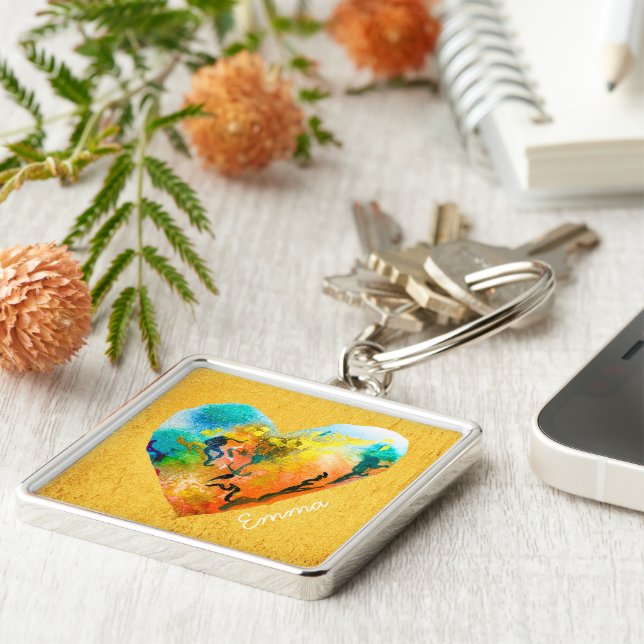 Llavero Graffiti corazón dorado acuarela arte keychain (Lado)