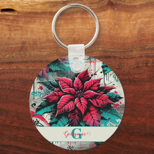 Llavero Graffiti floral de poinsettia esponjoso personaliz (Anverso)