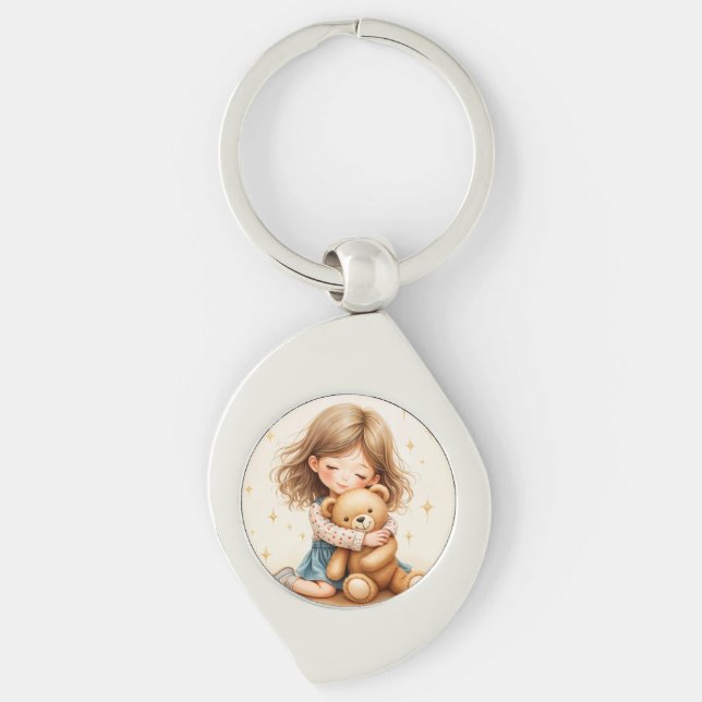 Llavero Grandes abrazos - Chica lindo abrazando oso de pel (Anverso)