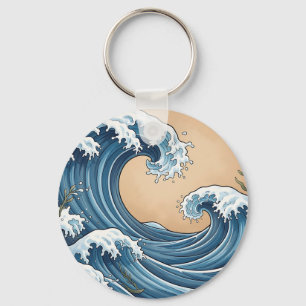 Llavero Grandes olas del océano azul al estilo japonés
