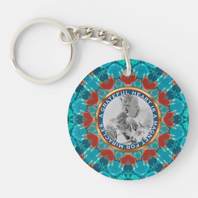 Llavero Gratitude Aqua Teal Mandala Custom Words & Photo (Frente)