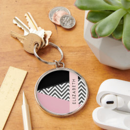 Llavero Gray Zigzag, Gray Chevron, Pink, Tu Nombre