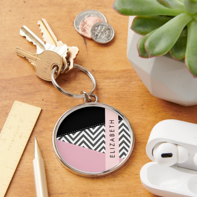 Llavero Gray Zigzag, Gray Chevron, Pink, Tu Nombre (Escritorio )