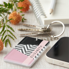Llavero Gray Zigzag, Gray Chevron, Pink, Tu Nombre