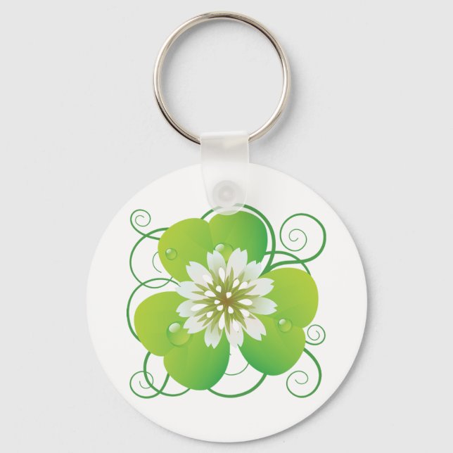 Llavero Green Four Leaf Clover with White Floral Bloom (Anverso)