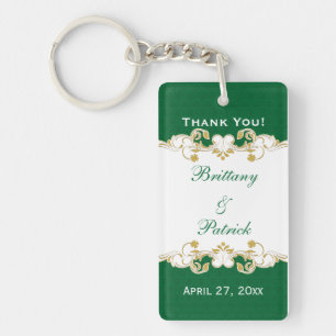 Llavero Green White Gold Scrolls, Shamrock Favor Keychain