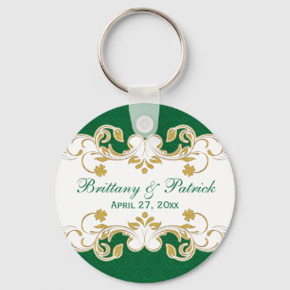 Llavero Green White Gold Scrolls Wedding Favor Keychain