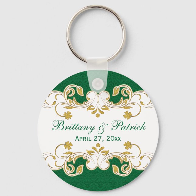 Llavero Green White Gold Scrolls Wedding Favor Keychain (Anverso)
