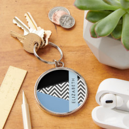 Llavero Gris Zigzag, Gris Chevron, Azul, Tu Nombre
