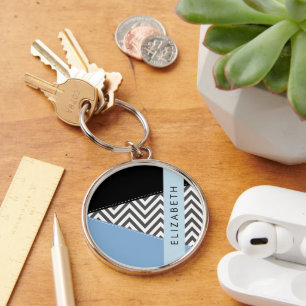Llavero Gris Zigzag, Gris Chevron, Azul, Tu Nombre