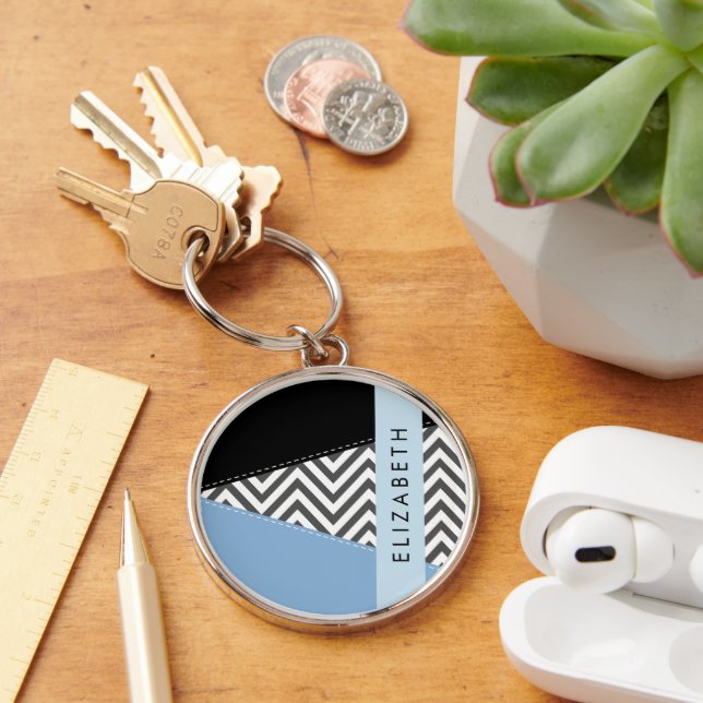 Llavero Gris Zigzag, Gris Chevron, Azul, Tu Nombre (Escritorio )