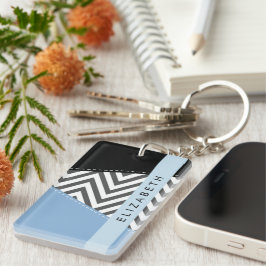 Llavero Gris Zigzag, Gris Chevron, Azul, Tu Nombre