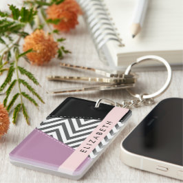 Llavero Gris Zigzag, Gris Chevron, Púrpura, Tu Nombre