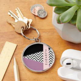 Llavero Gris Zigzag, Gris Chevron, Púrpura, Tu Nombre