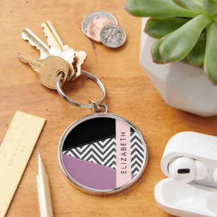 Llavero Gris Zigzag, Gris Chevron, Púrpura, Tu Nombre