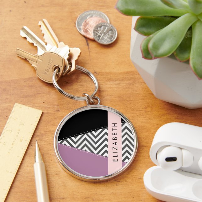 Llavero Gris Zigzag, Gris Chevron, Púrpura, Tu Nombre (Escritorio )