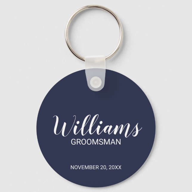 Llavero Groomsman personalizado con escritura moderna azul (Anverso)