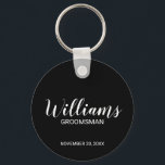 Llavero Groomsman personalizado con escritura moderna negr<br><div class="desc">Regalos personalizados de Groomsman con el nombre personalizado del groomsman en un estilo de letra blanco moderno con el título y la fecha boda en un estilo de letra sans serif moderno con fondo negro. También perfecto para el mejor hombre, padre de la novia, dama de honor, madre de la...</div>