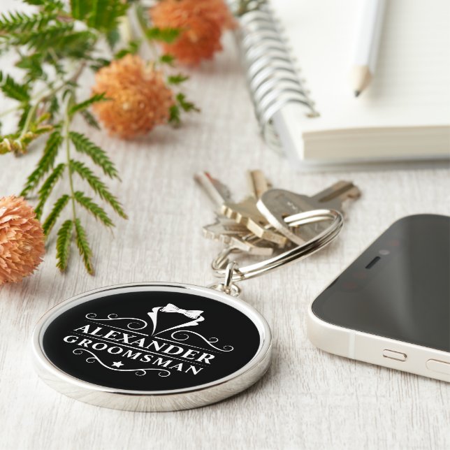 Llavero Groomsman Tuxedo Tie Black Premium Round (Lado)