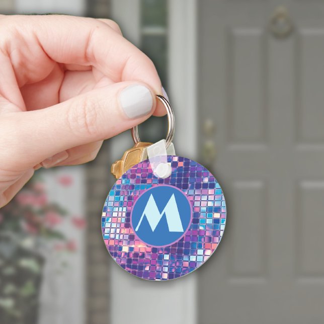 Llavero Groovy Blue & Purple Disco Ball Personalizado (groovy blue and purple disco ball monogram personalized key chain)