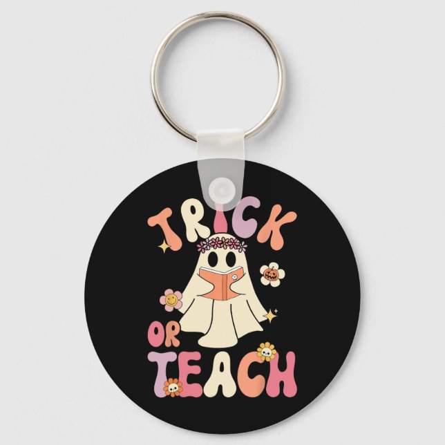 Llavero Groovy Halloween Trick O Teach Retro Floral Ghost (Anverso)
