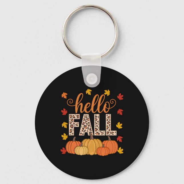 Llavero Groovy Hello Fall Autumn Maple Leaves Pumpkin Leop (Anverso)