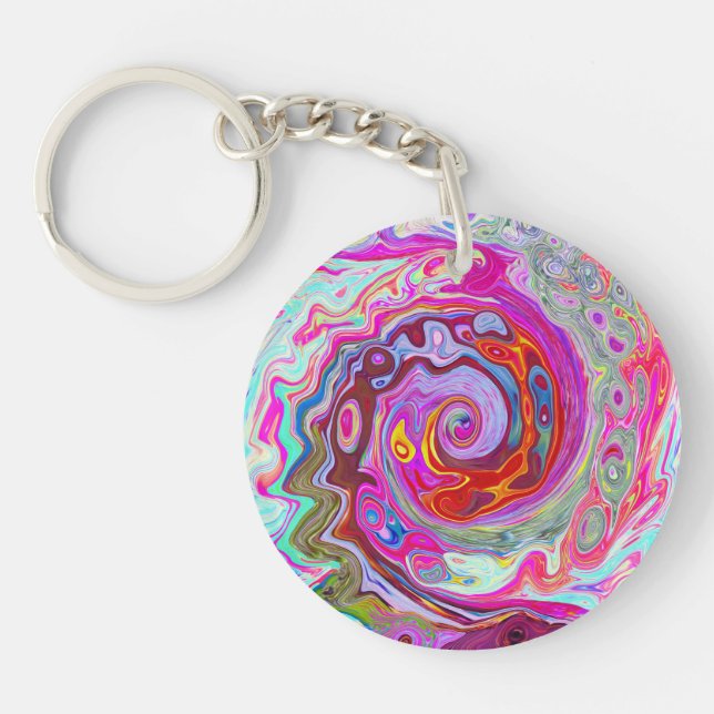 Llavero Groovy Resumen Retro Pink caliente y Blue Swirl (Frente)