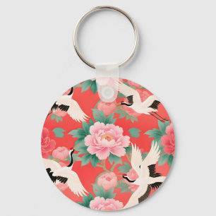 Llavero Grullas Japonesas Peonías Rojo Chinoiserie Eleganc