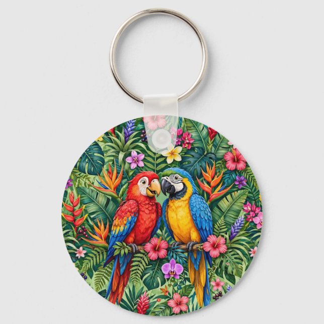 Llavero Guacamayos de la selva Loros alegres Flores vibran (Anverso)