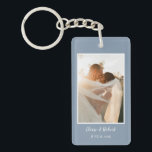 Llavero Guión corto Dusty Boda azul foto del aniversario<br><div class="desc">Corte Script Dusty Blue Boda Photo cadena de claves con tu imagen y texto de elección para dar como un keepsake de maleza o memoria boda a la familia o amigos.</div>